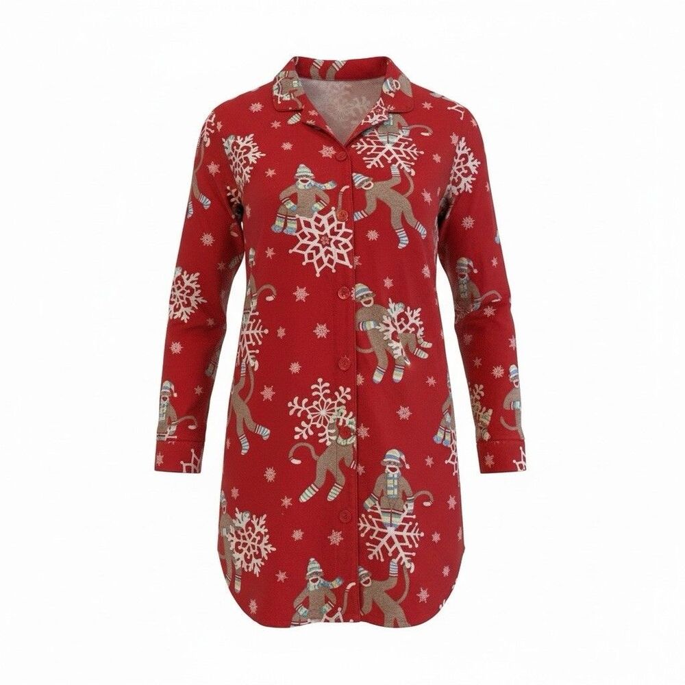 Nick & Nora Christmas Sleep Shirt Holiday Pajama Nightshirt Size L Red‎
